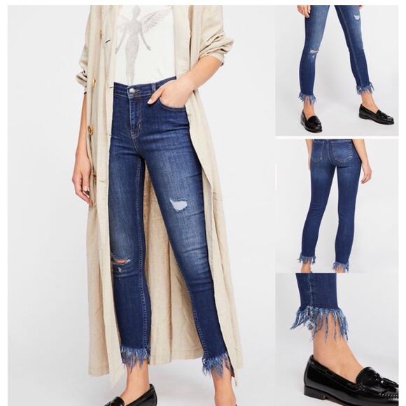 Free People Jeans Size 25 Great Heights Cropped Fringe Hem Distressed Low Rise - Picture 1 of 16